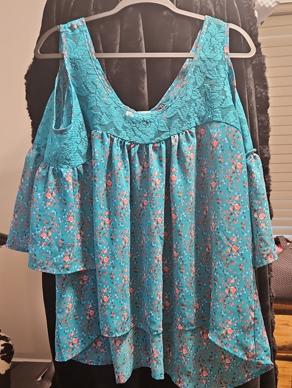 Wishful Park Turquoise Floral Cold-Shoulder Lace Yoke Top